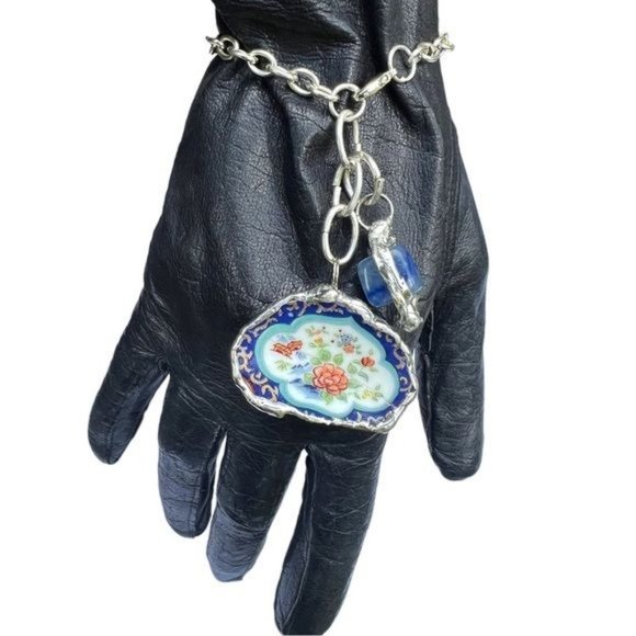 Artisan Broken China & Sodalite Charm Bracelet  Repurposed Upcycled - Picture 3 of 10